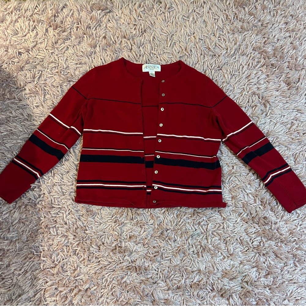 Casual Corner Annex Petite Small Red Cardigan Sweater Striped